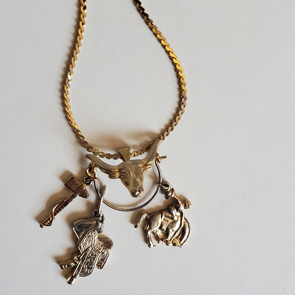 Vtg Gold Texacana Charm Necklace Longhorn Rodeo Bull Bronco Pendants
